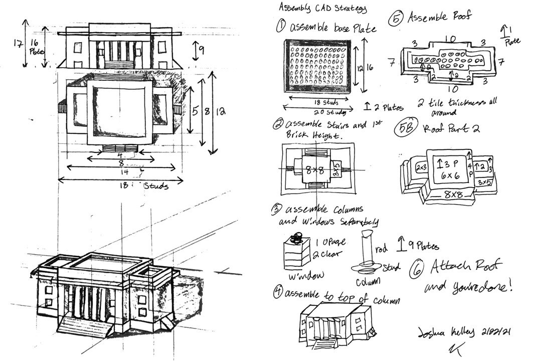 Concept sketches of overall structure with stud dimensions (left) and assembly strategy (right)